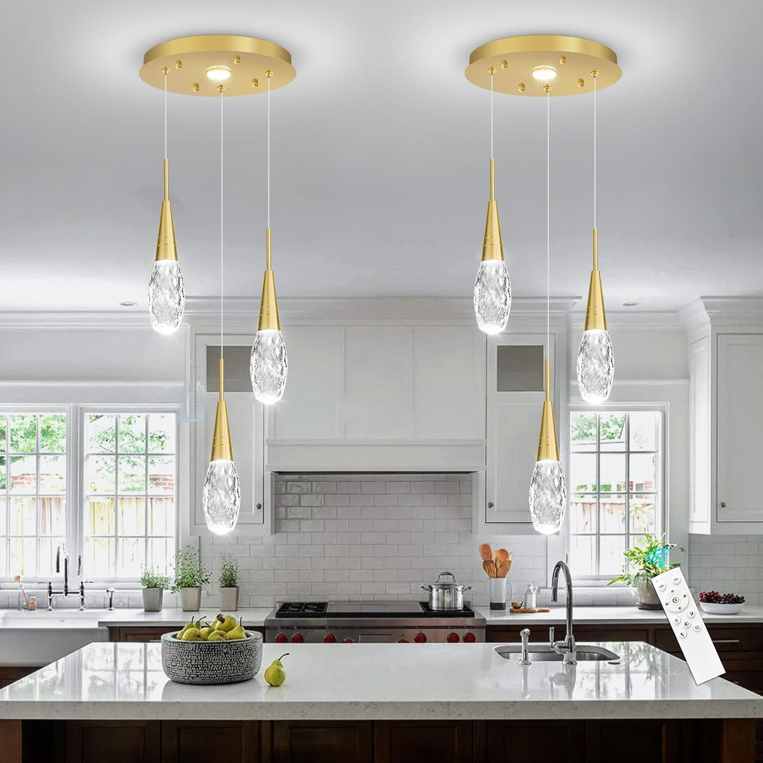 Modern 4-Light Gold Crystal LED Cluster Pendant Light Adjustable Dimmable Ceiling Fixture with Remote