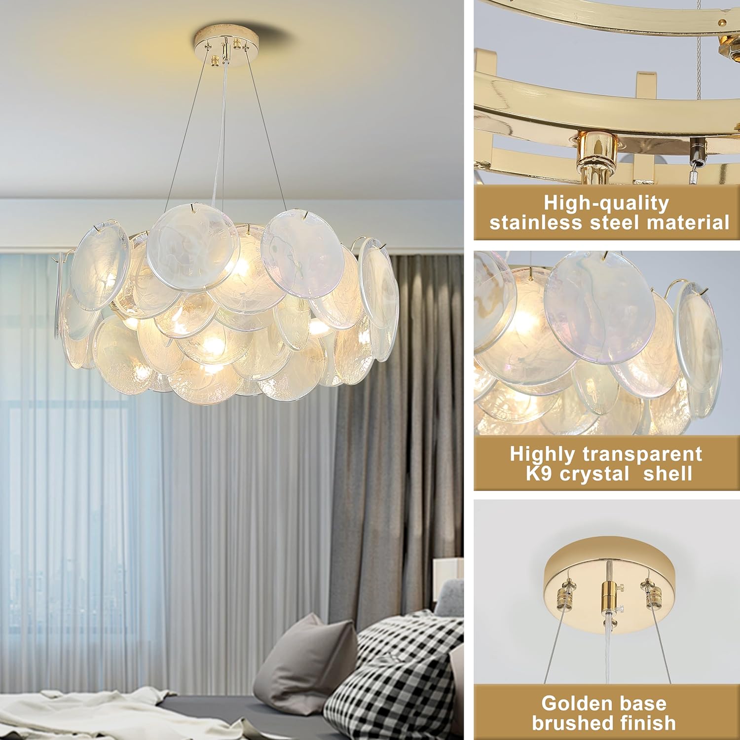 Modern Gold K9 Crystal Disc Chandelier 24 Inch Adjustable Pendant Light for Living Room Dining Room