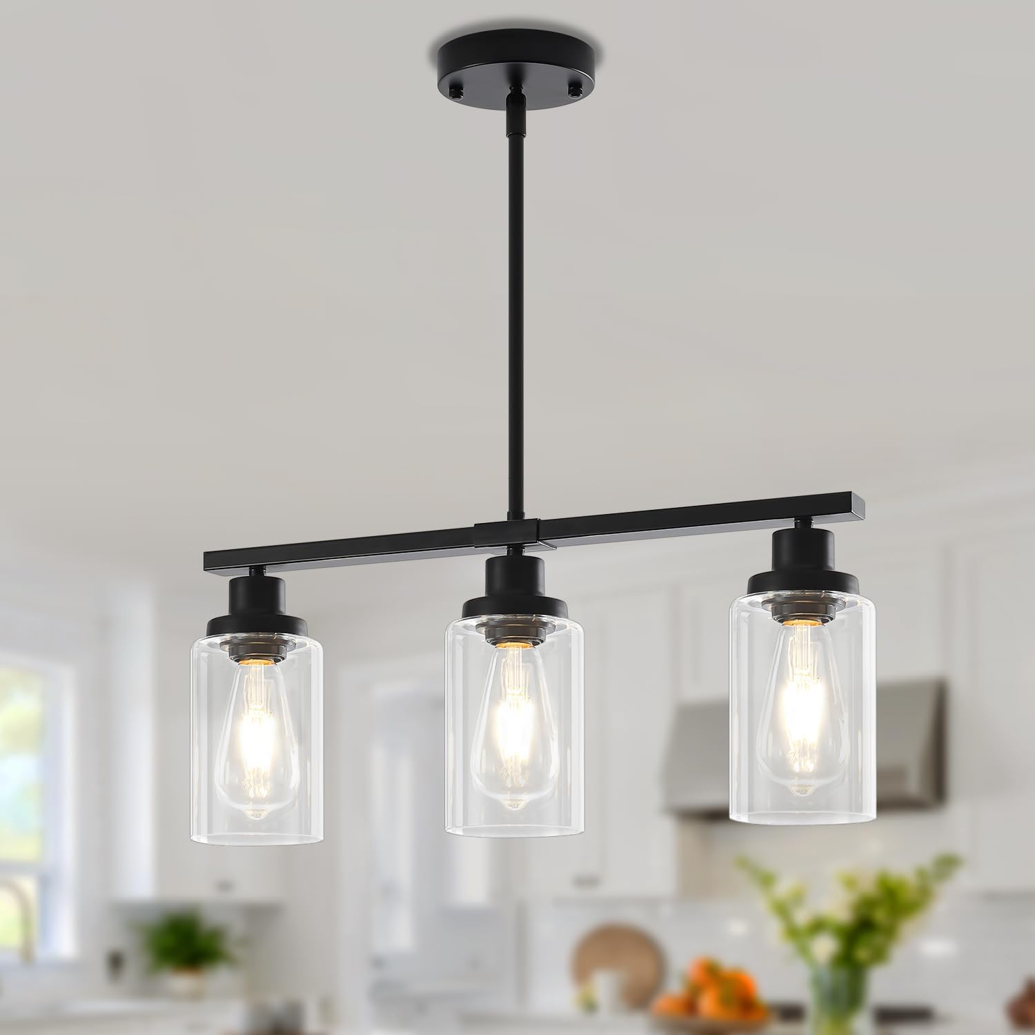 Modern 3-Light Black Linear Glass Pendant Light Adjustable Kitchen Island Chandelier