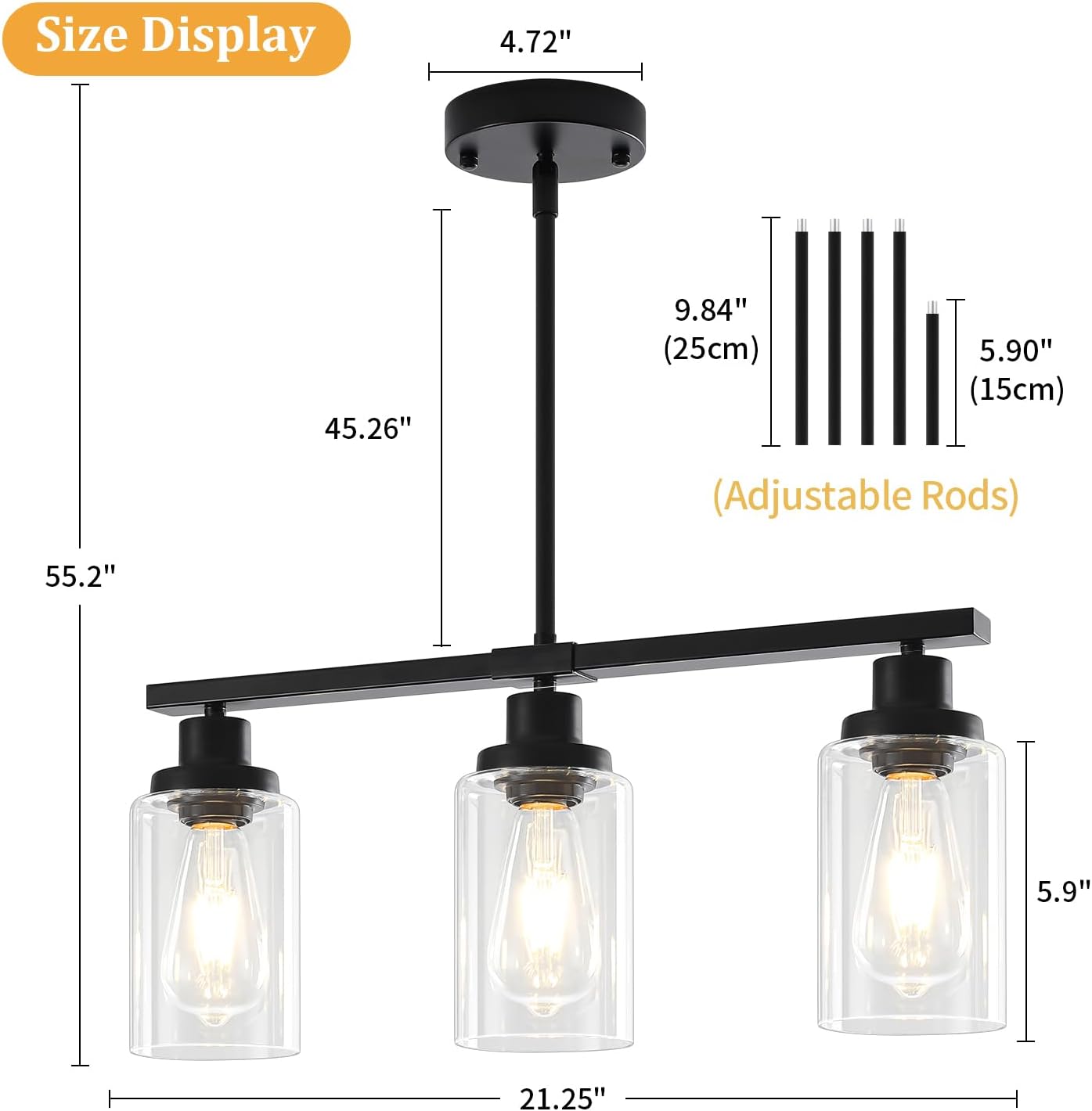 Modern 3-Light Black Linear Glass Pendant Light Adjustable Kitchen Island Chandelier