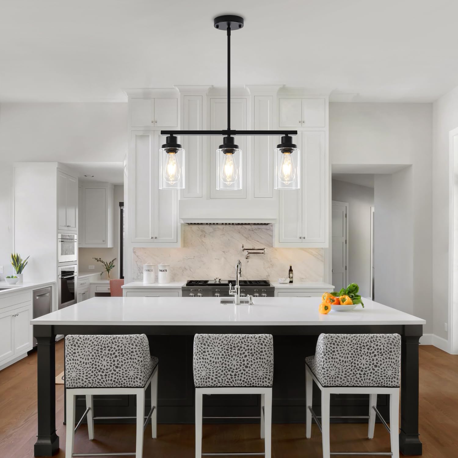 Modern 3-Light Black Linear Glass Pendant Light Adjustable Kitchen Island Chandelier