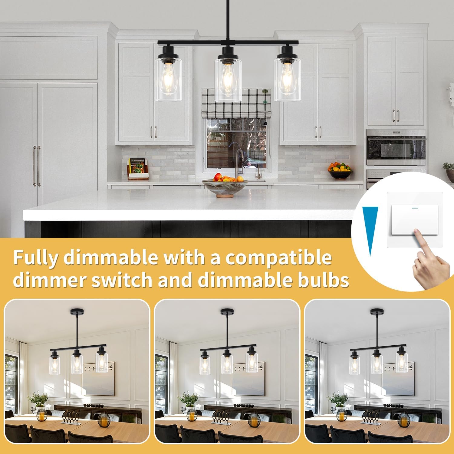Modern 3-Light Black Linear Glass Pendant Light Adjustable Kitchen Island Chandelier