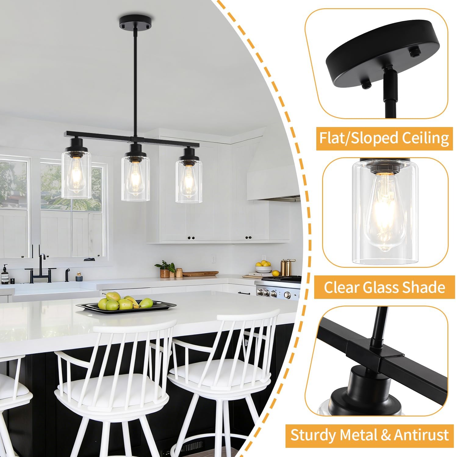 Modern 3-Light Black Linear Glass Pendant Light Adjustable Kitchen Island Chandelier