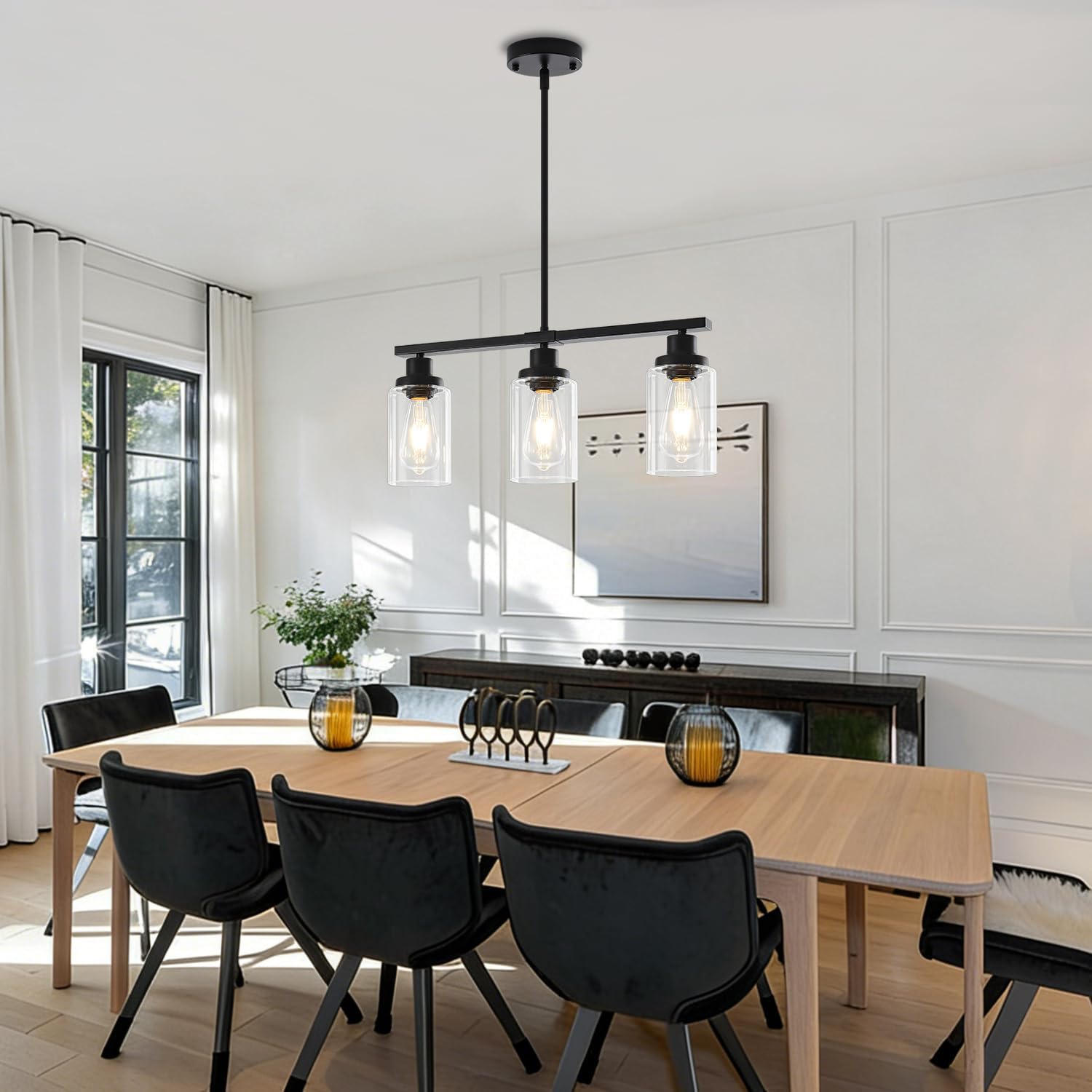 Modern 3-Light Black Linear Glass Pendant Light Adjustable Kitchen Island Chandelier
