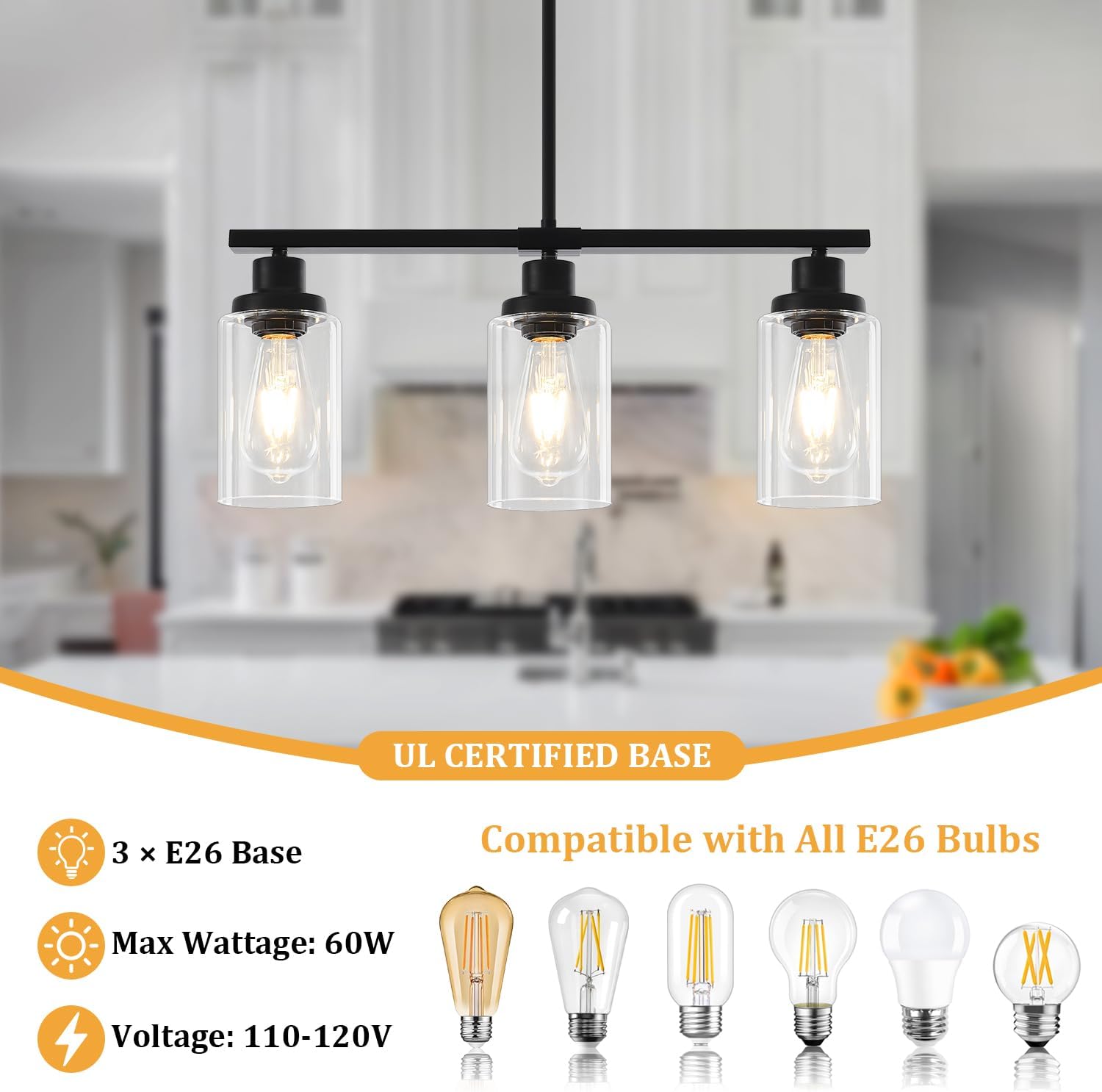 Modern 3-Light Black Linear Glass Pendant Light Adjustable Kitchen Island Chandelier
