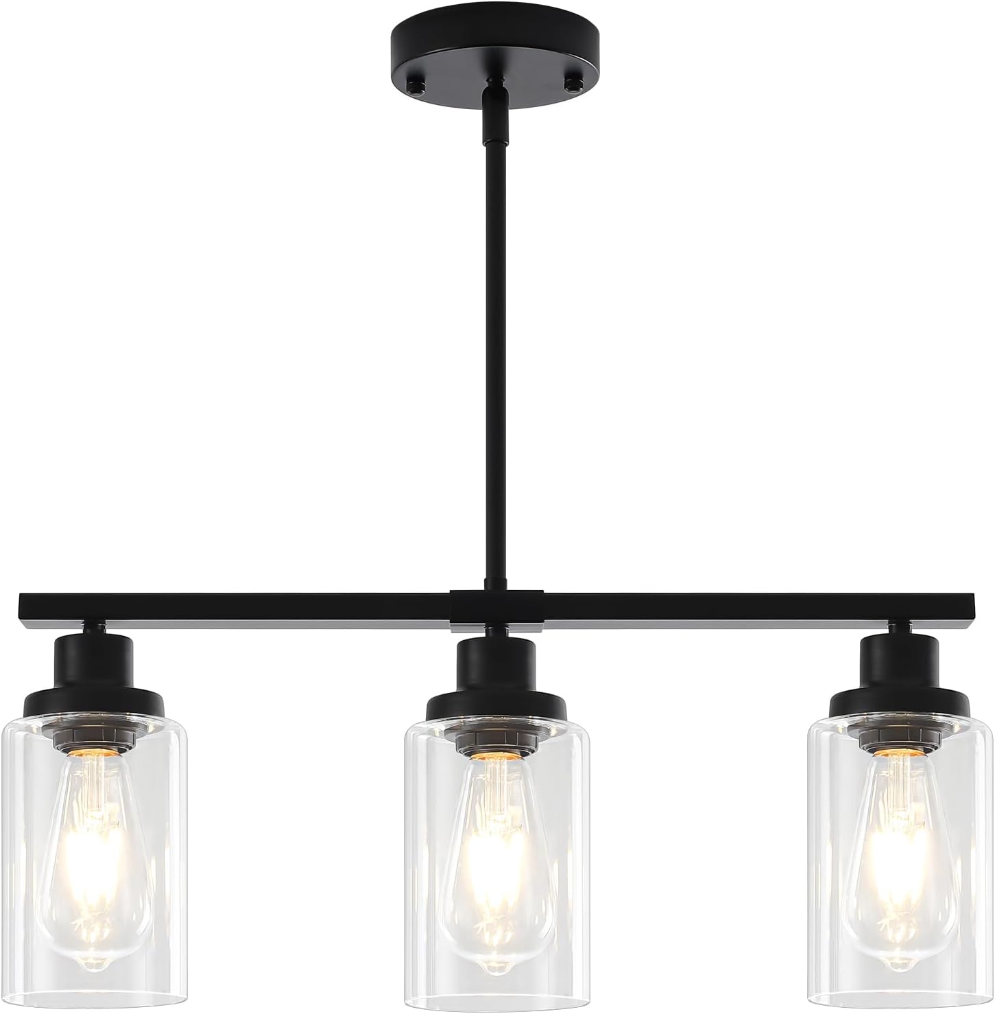 Modern 3-Light Black Linear Glass Pendant Light Adjustable Kitchen Island Chandelier