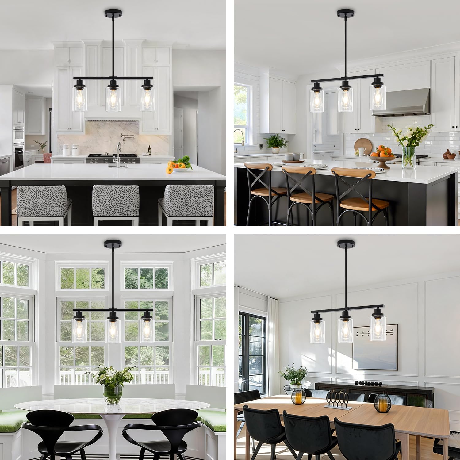 Modern 3-Light Black Linear Glass Pendant Light Adjustable Kitchen Island Chandelier