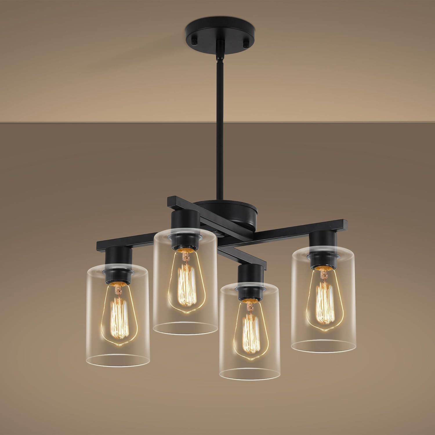 Modern Black 4-Light Semi Flush Pendant Chandelier with Clear Glass Shades