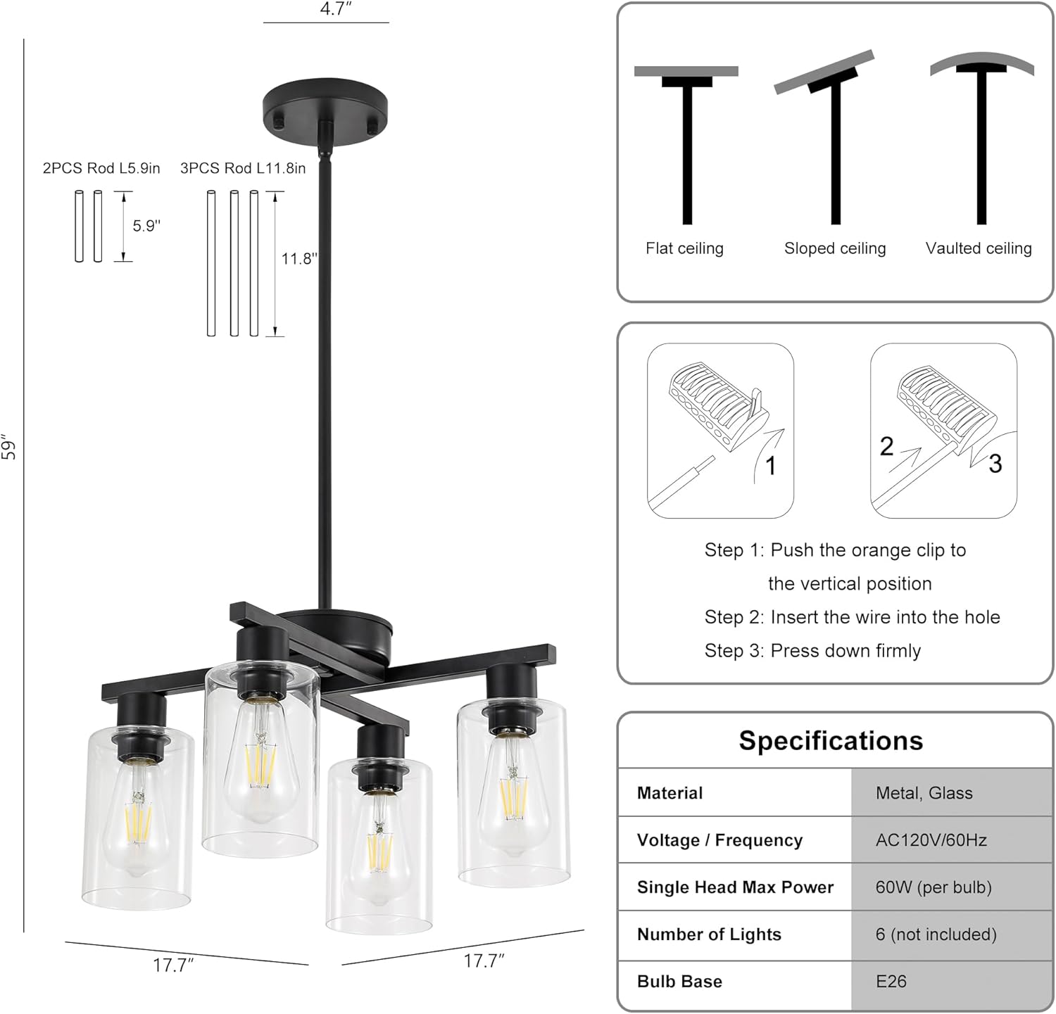 Modern Black 4-Light Semi Flush Pendant Chandelier with Clear Glass Shades
