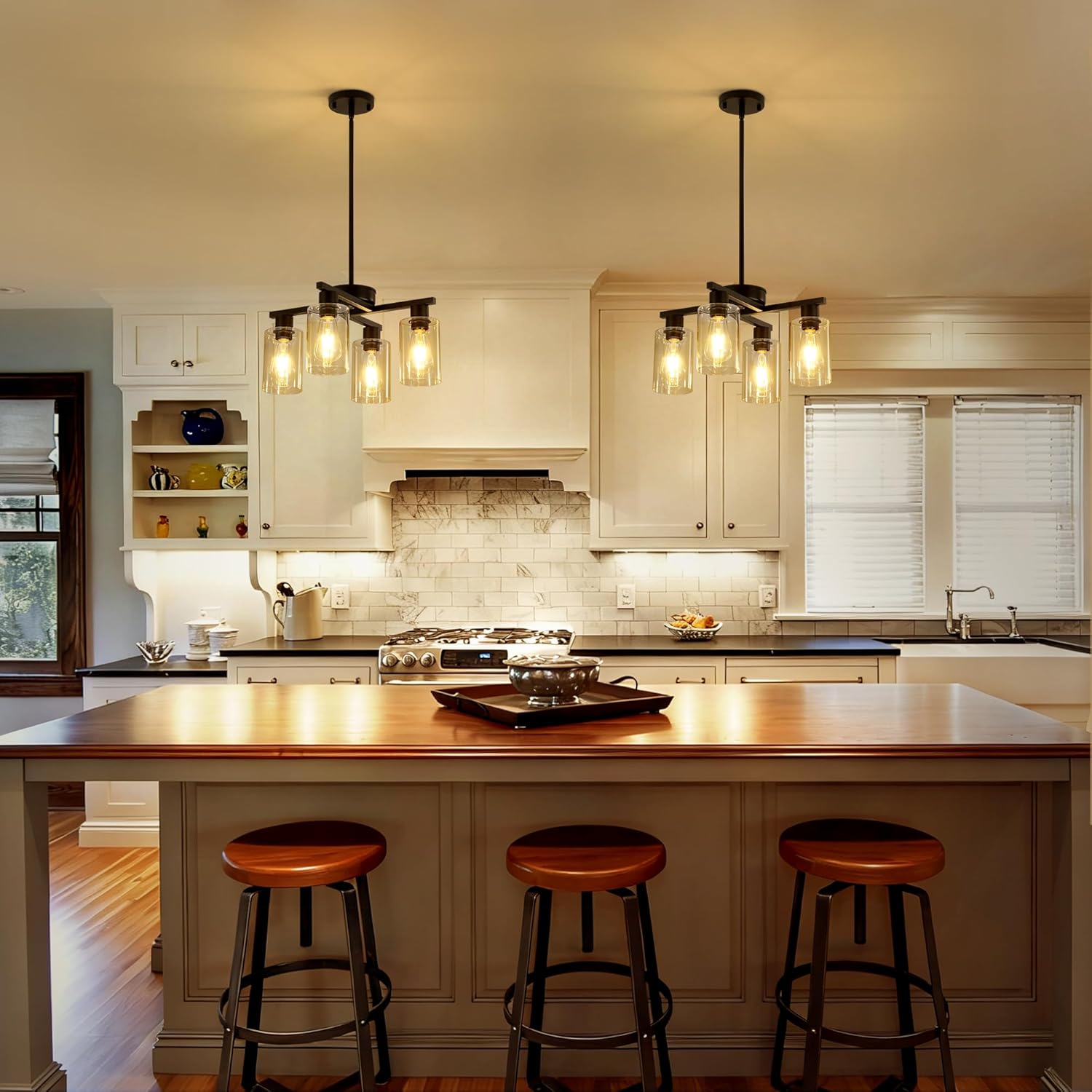 Modern Black 4-Light Semi Flush Pendant Chandelier with Clear Glass Shades