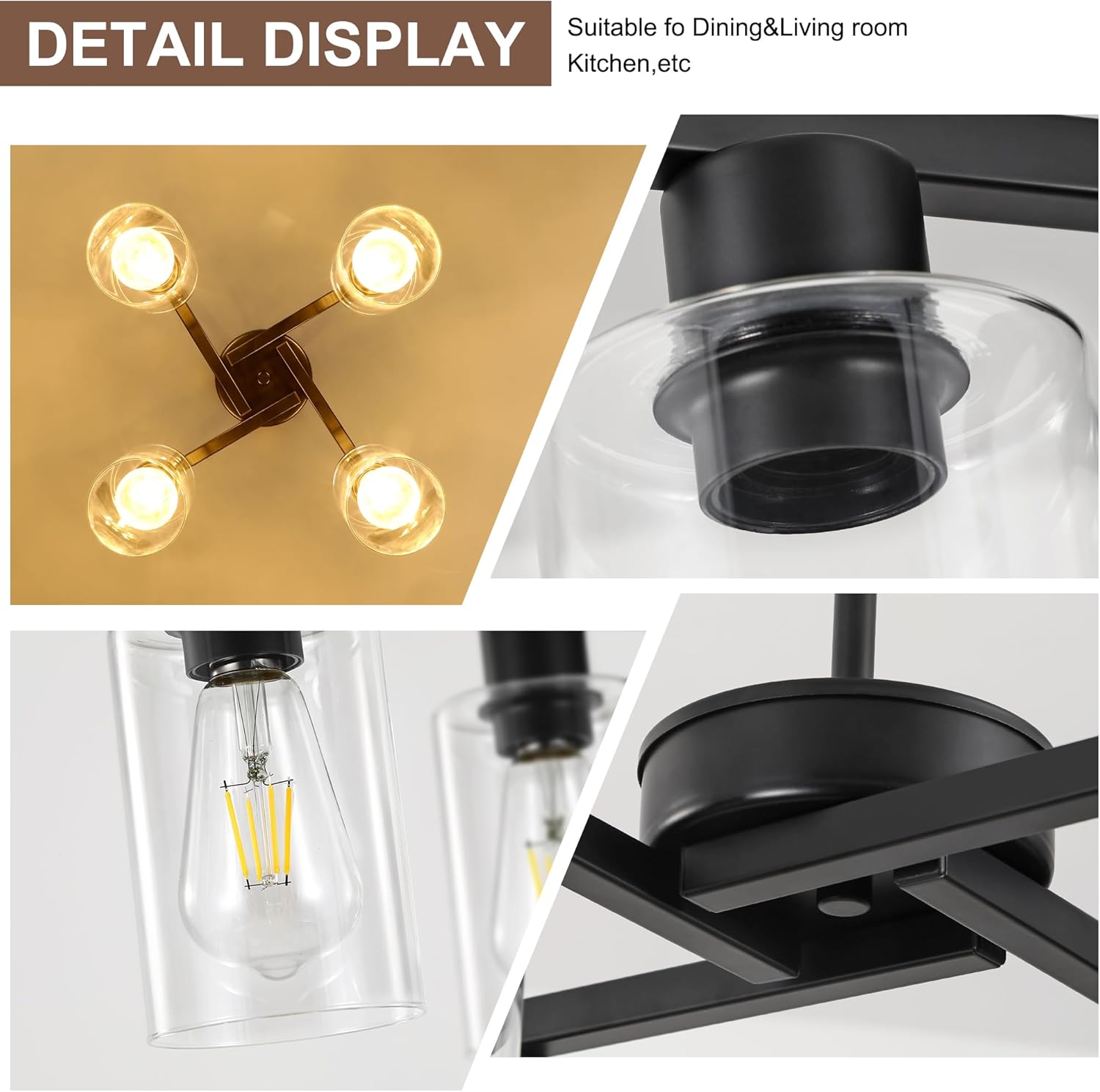 Modern Black 4-Light Semi Flush Pendant Chandelier with Clear Glass Shades