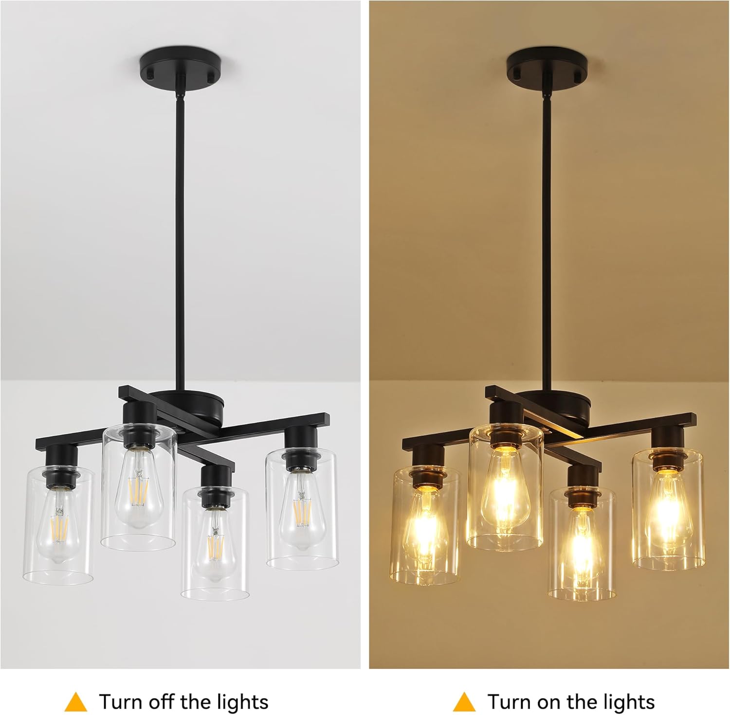 Modern Black 4-Light Semi Flush Pendant Chandelier with Clear Glass Shades