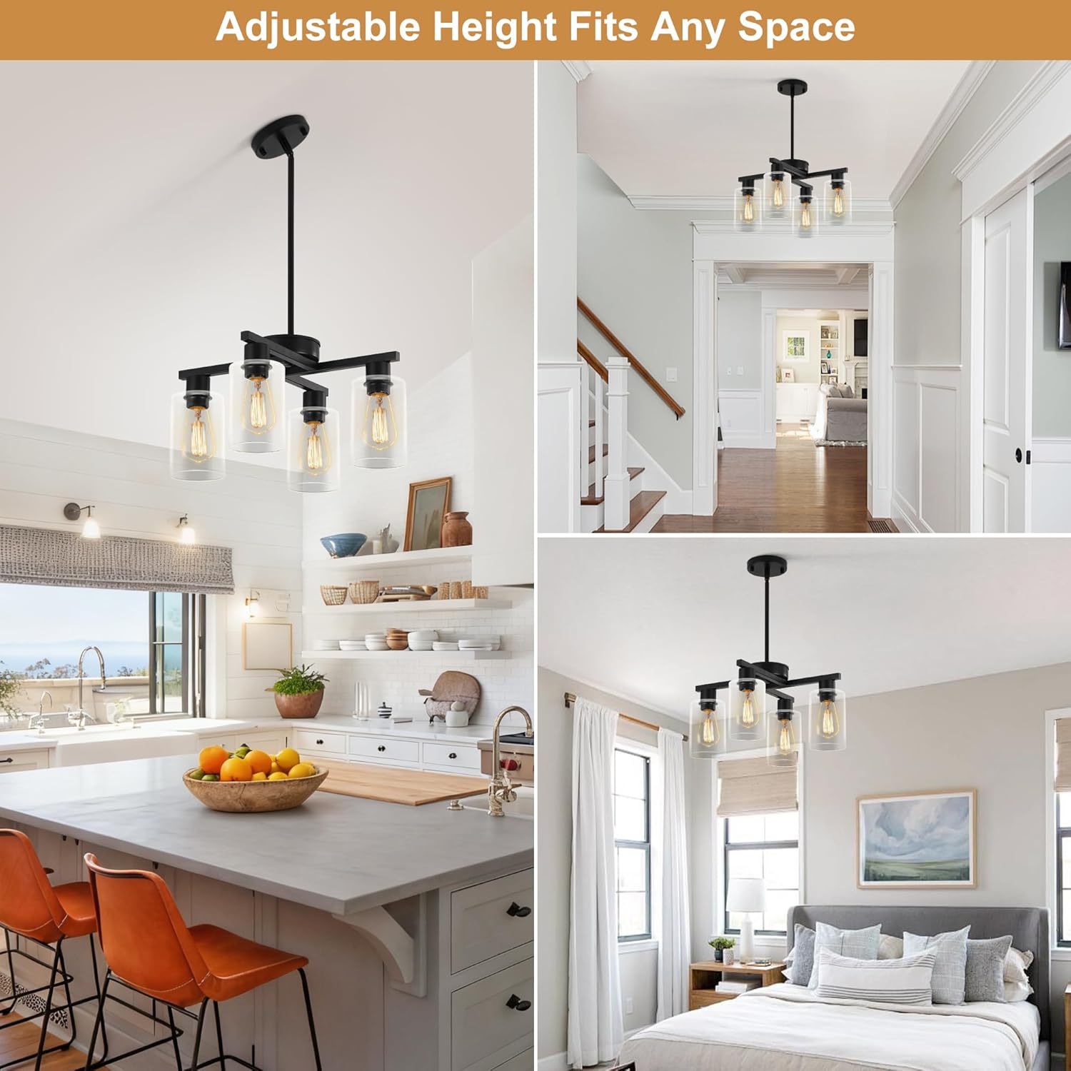 Modern Black 4-Light Semi Flush Pendant Chandelier with Clear Glass Shades