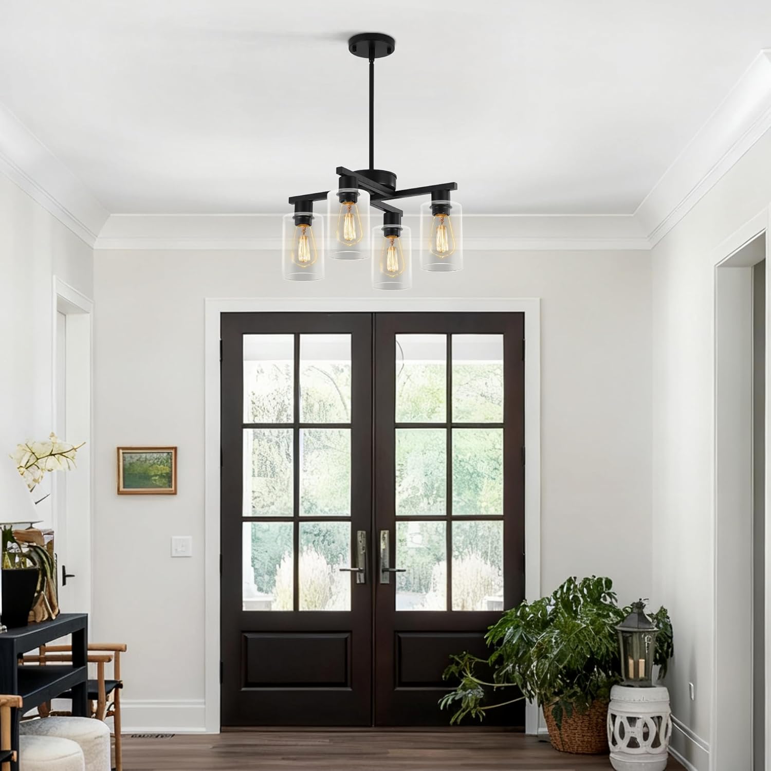 Modern Black 4-Light Semi Flush Pendant Chandelier with Clear Glass Shades