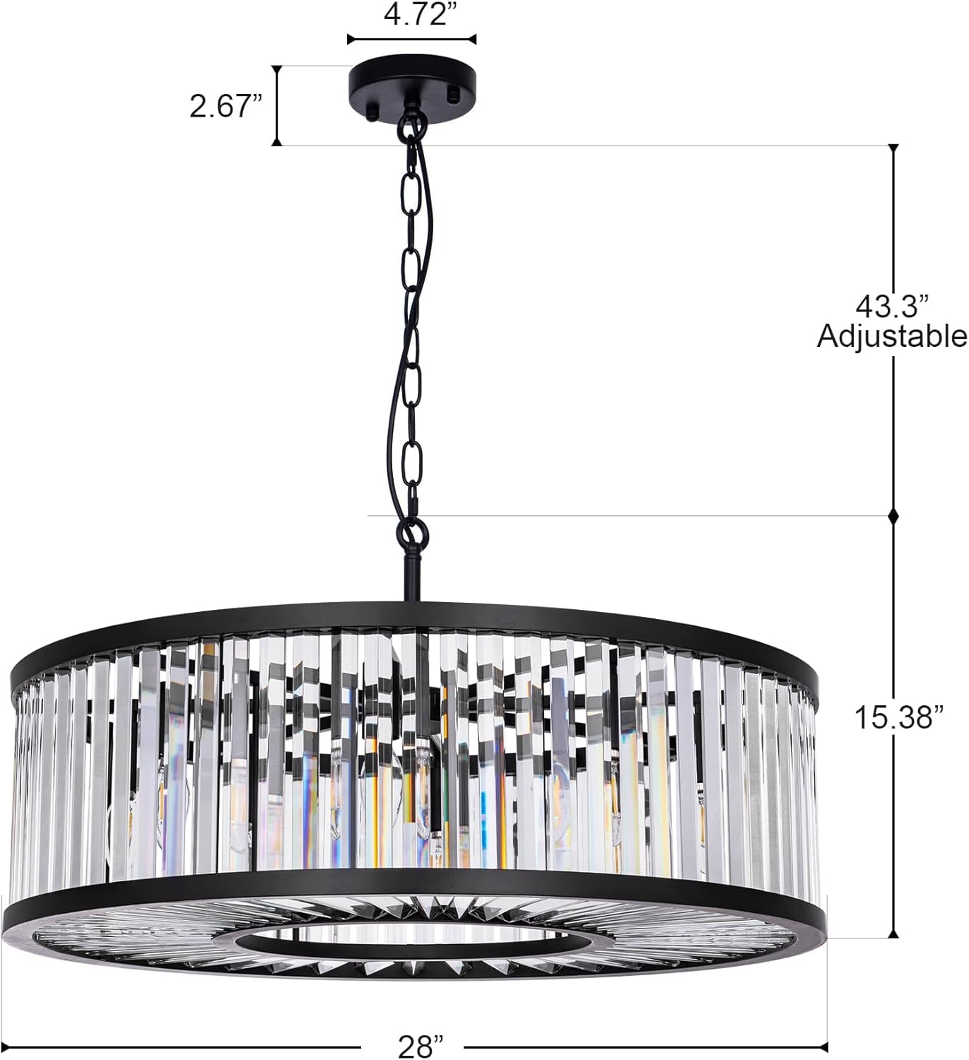 Modern Black Round Crystal Chandelier - 28-Inch Adjustable Pendant Light with E12 Base