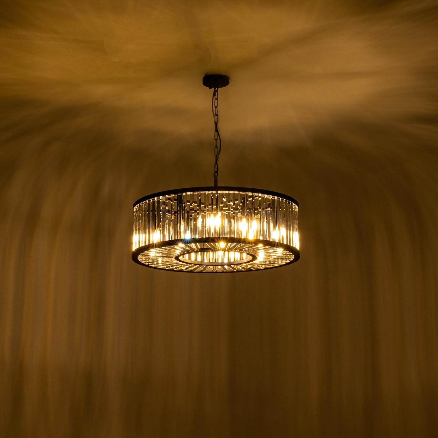 Modern Black Round Crystal Chandelier - 28-Inch Adjustable Pendant Light with E12 Base
