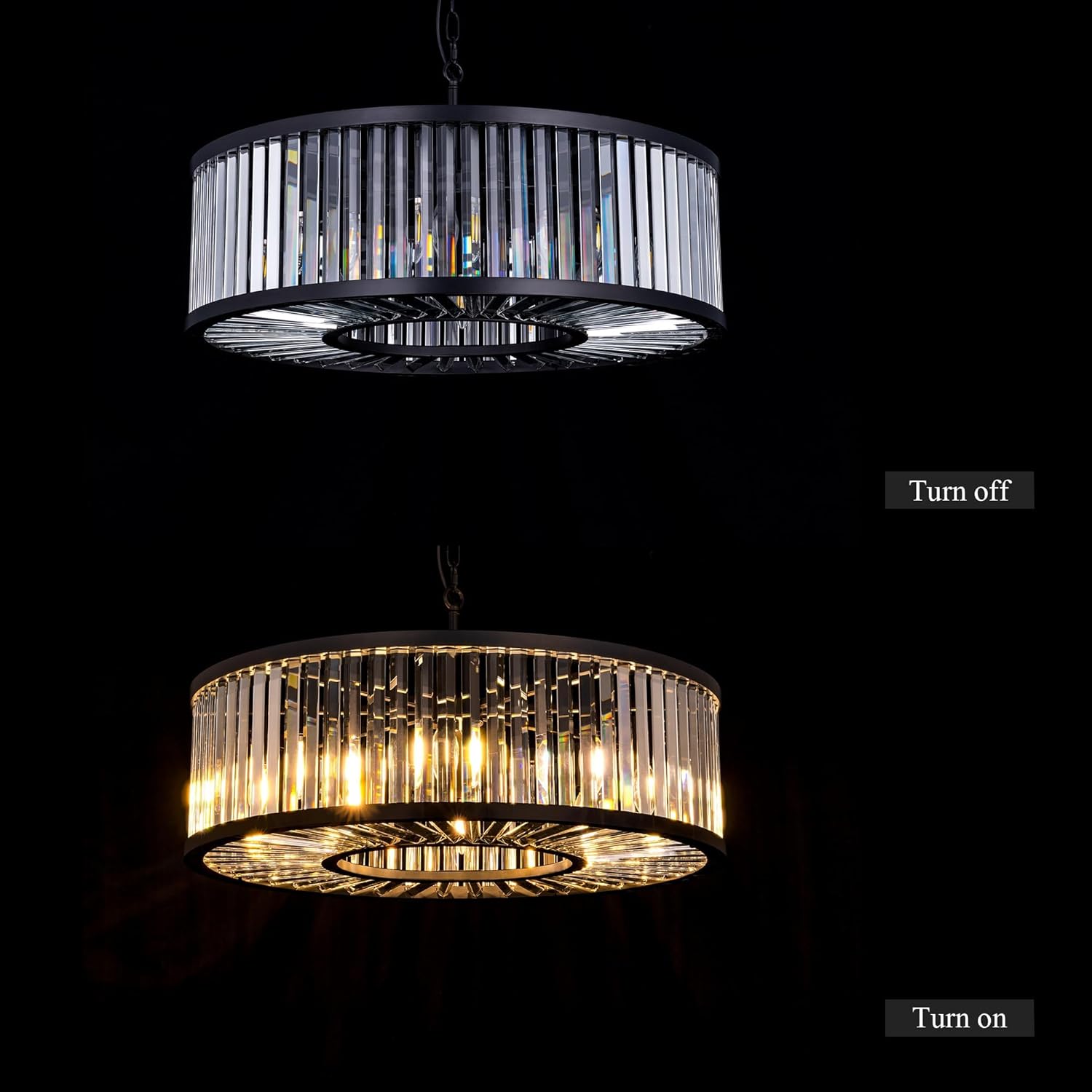 Modern Black Round Crystal Chandelier - 28-Inch Adjustable Pendant Light with E12 Base