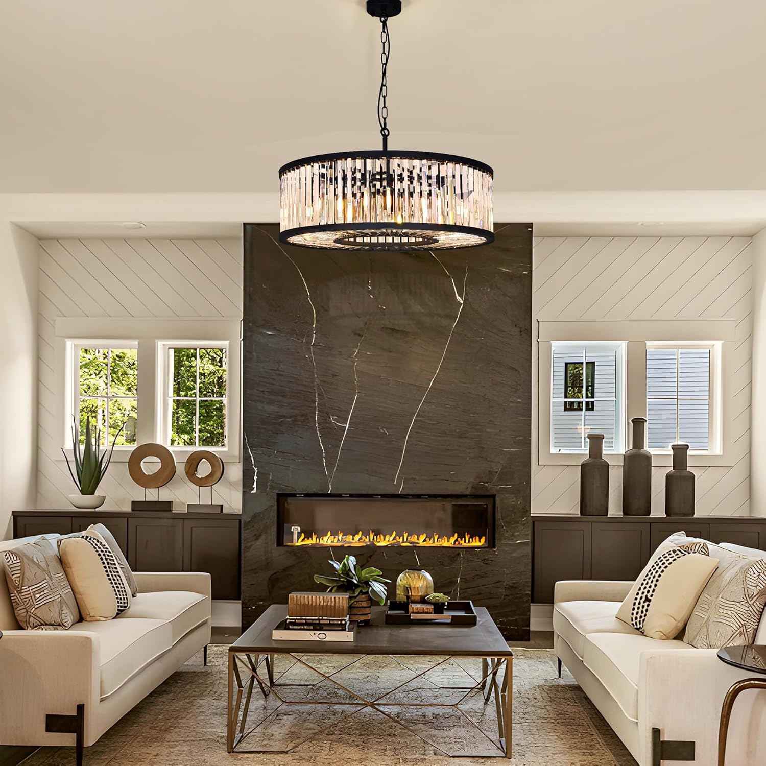 Modern Black Round Crystal Chandelier - 28-Inch Adjustable Pendant Light with E12 Base