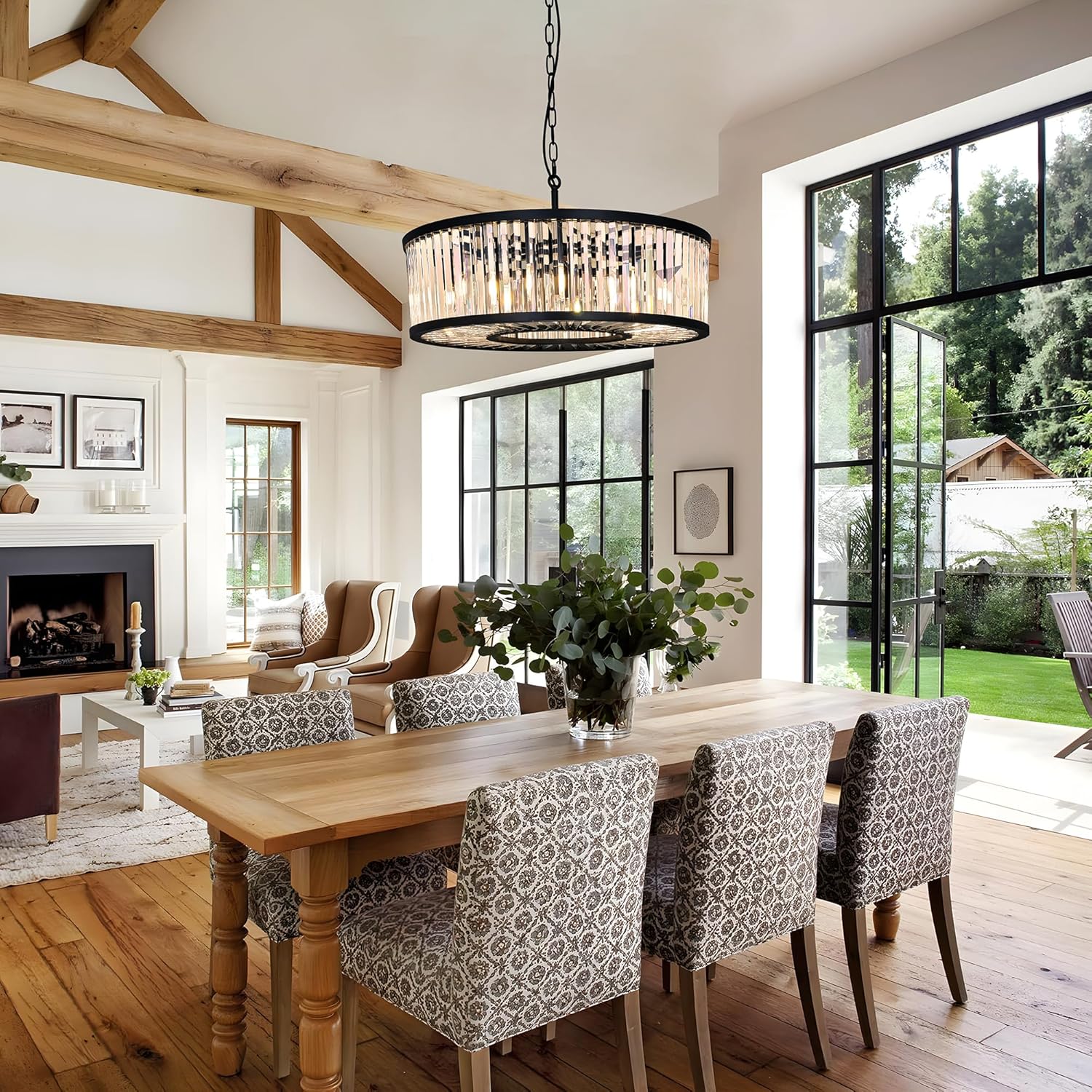 Modern Black Round Crystal Chandelier - 28-Inch Adjustable Pendant Light with E12 Base