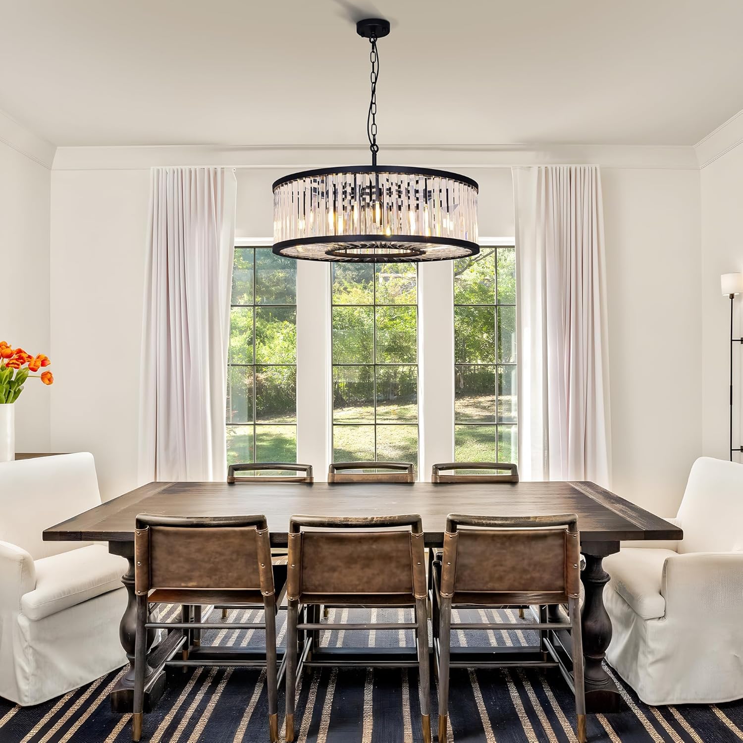Modern Black Round Crystal Chandelier - 28-Inch Adjustable Pendant Light with E12 Base