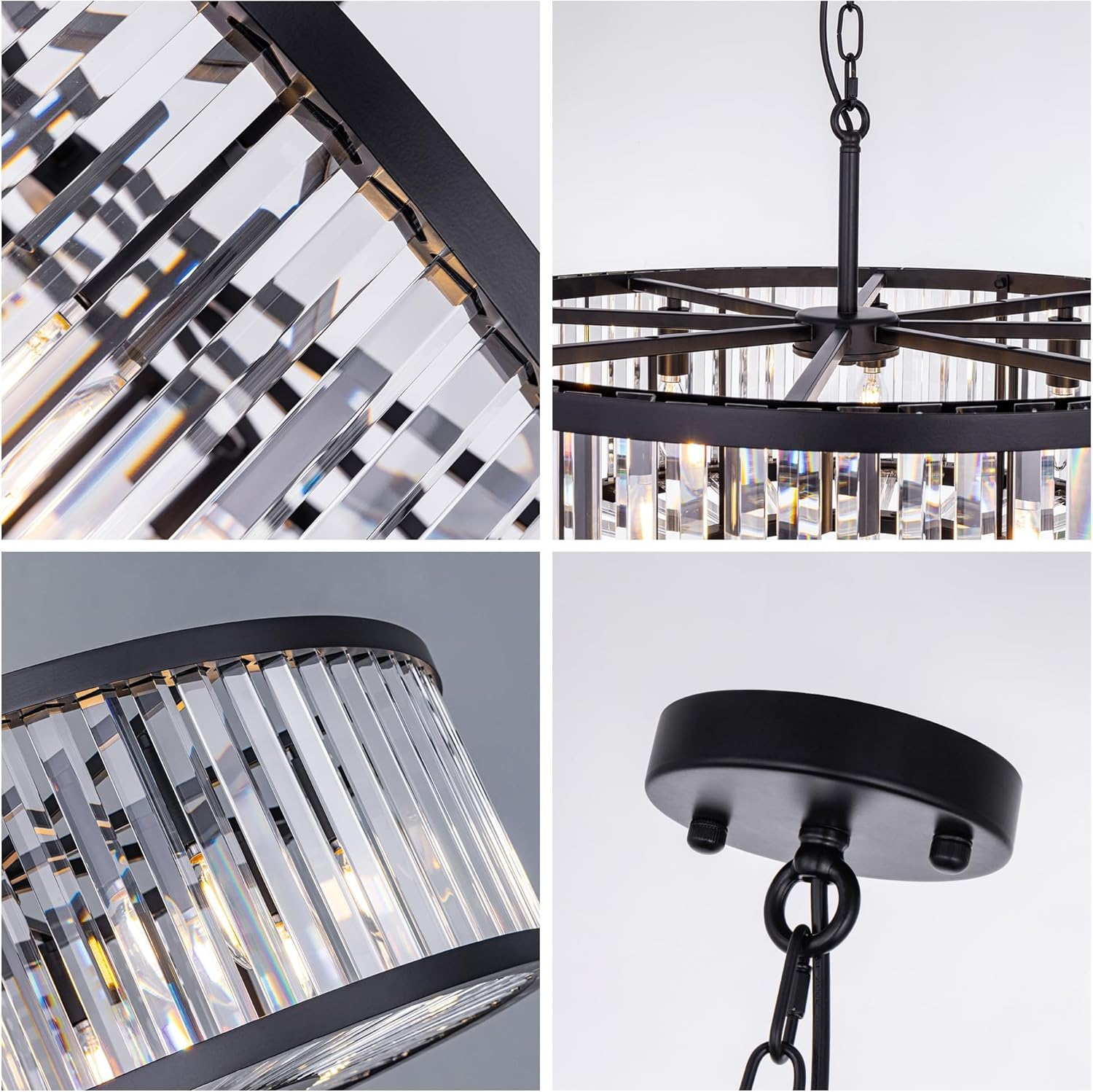 Modern Black Round Crystal Chandelier - 28-Inch Adjustable Pendant Light with E12 Base