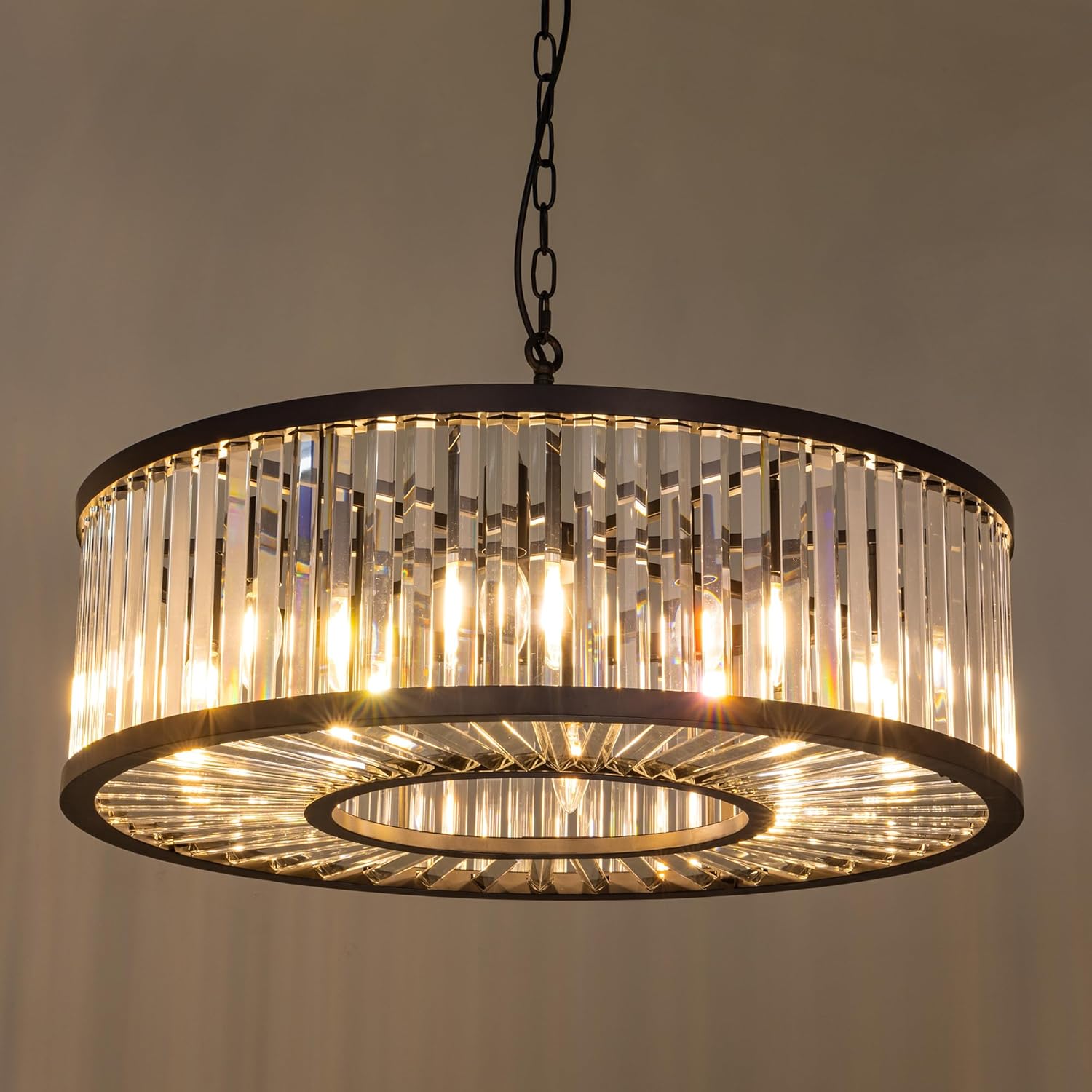 Modern Black Round Crystal Chandelier - 28-Inch Adjustable Pendant Light with E12 Base