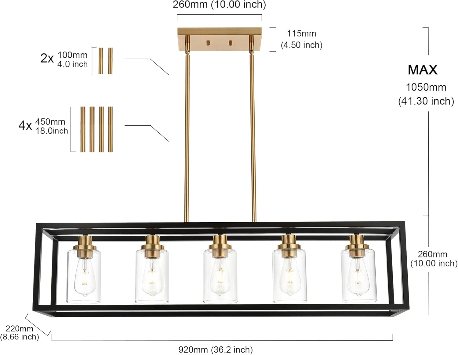 Modern 5-Light Rectangular Island Pendant Light Black and Gold Linear Dining Room Chandelier