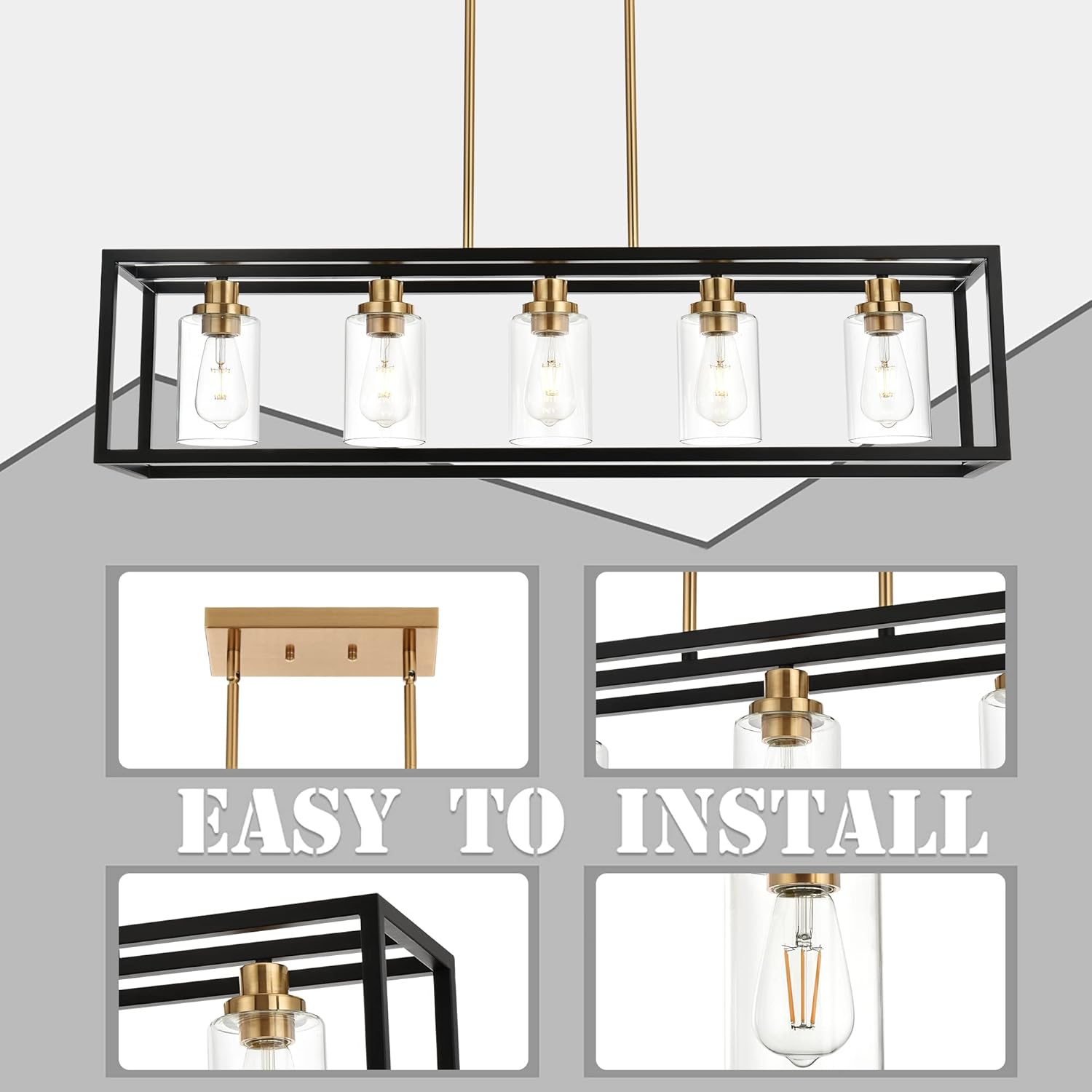 Modern 5-Light Rectangular Island Pendant Light Black and Gold Linear Dining Room Chandelier