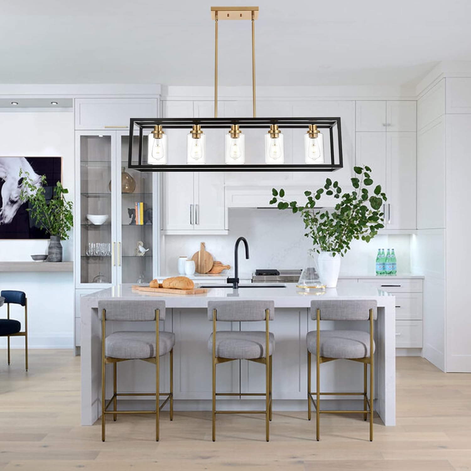 Modern 5-Light Rectangular Island Pendant Light Black and Gold Linear Dining Room Chandelier