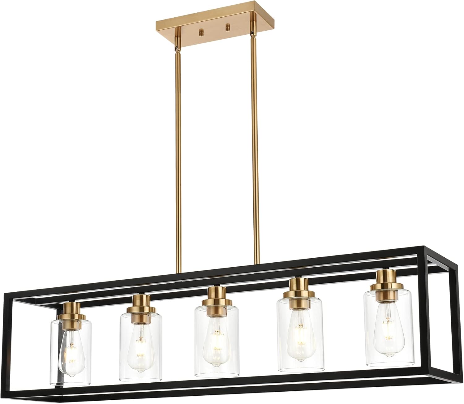 Modern 5-Light Rectangular Island Pendant Light Black and Gold Linear Dining Room Chandelier