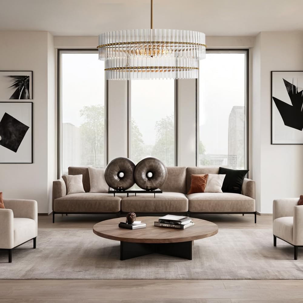 Large Tiered Glass Chandelier Modern Brass Round Pendant Light Adjustable Ceiling Fixture