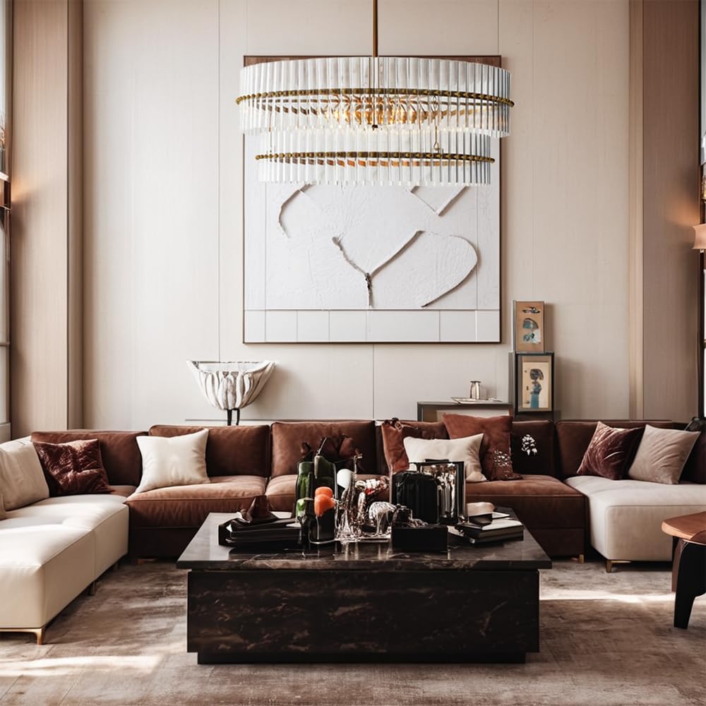 Large Tiered Glass Chandelier Modern Brass Round Pendant Light Adjustable Ceiling Fixture
