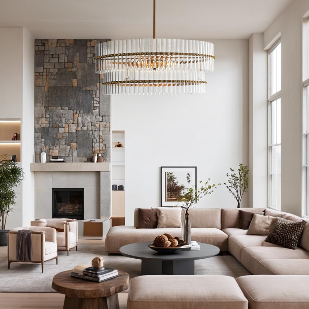 Large Tiered Glass Chandelier Modern Brass Round Pendant Light Adjustable Ceiling Fixture