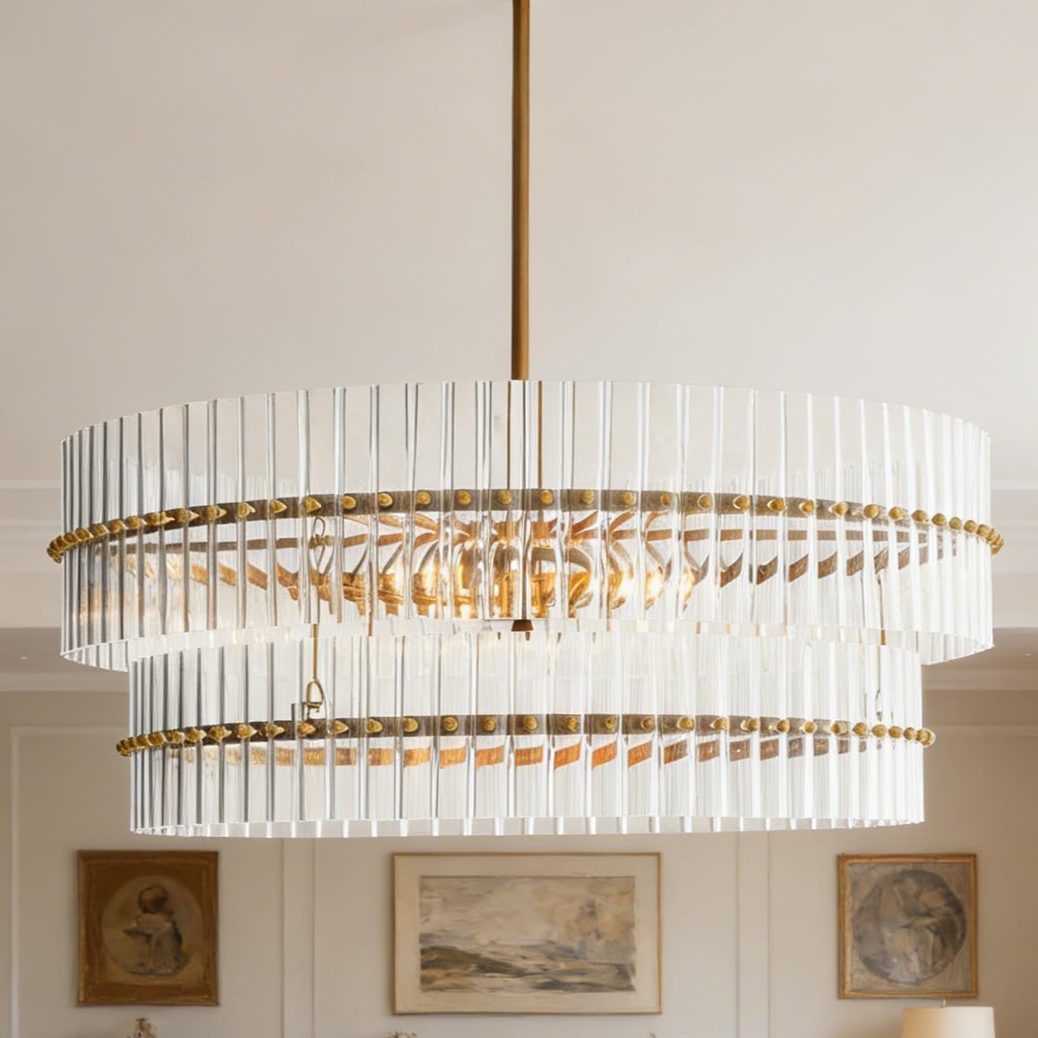 Large Tiered Glass Chandelier Modern Brass Round Pendant Light Adjustable Ceiling Fixture