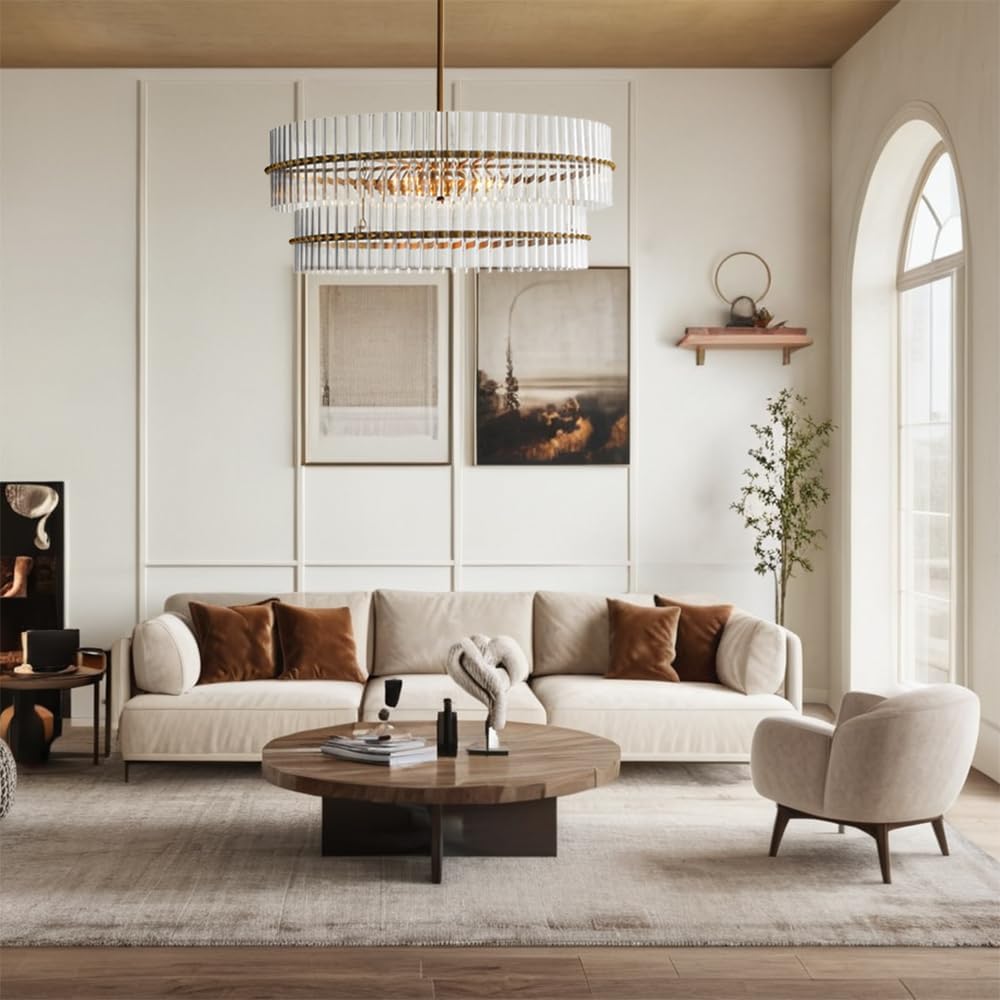 Large Tiered Glass Chandelier Modern Brass Round Pendant Light Adjustable Ceiling Fixture