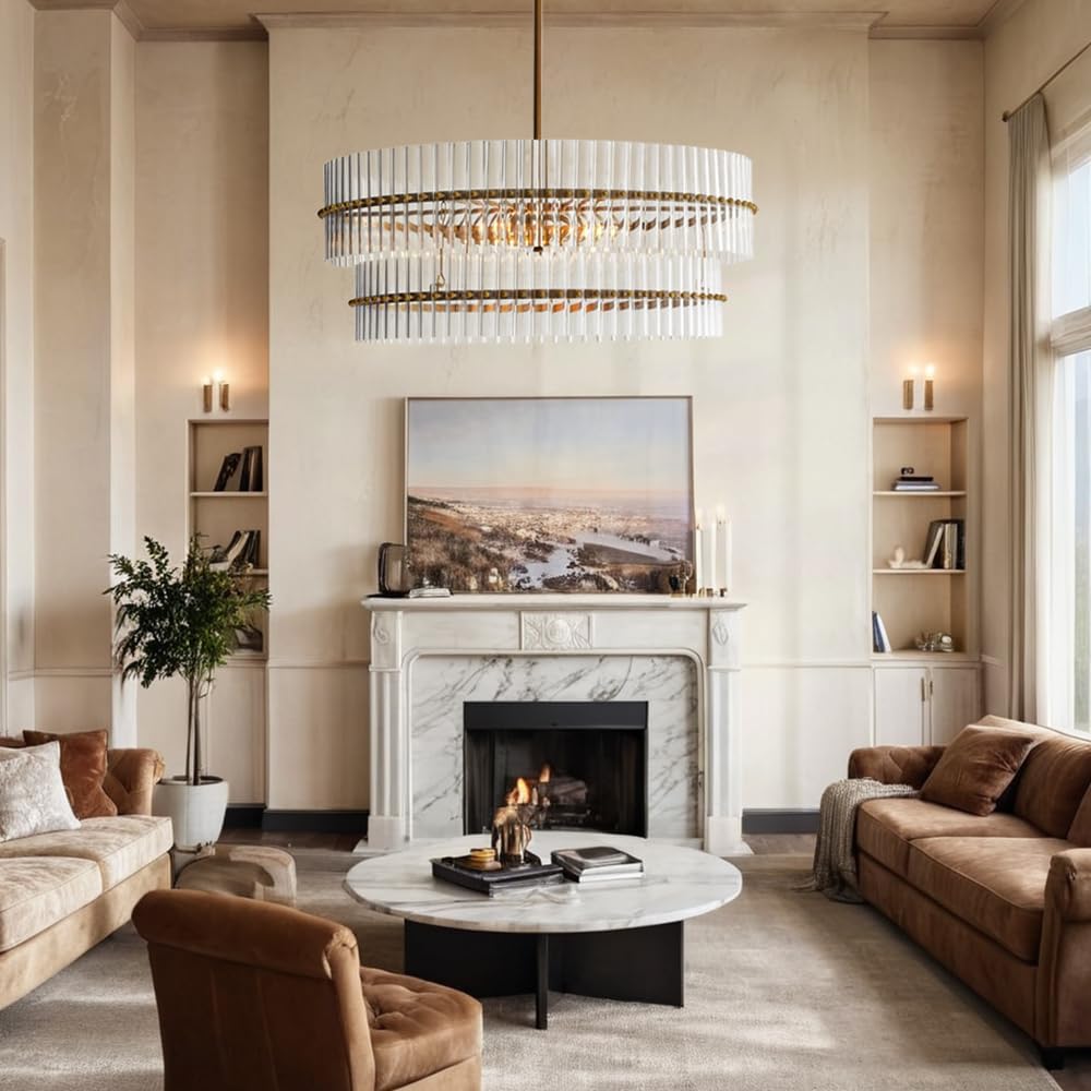 Large Tiered Glass Chandelier Modern Brass Round Pendant Light Adjustable Ceiling Fixture