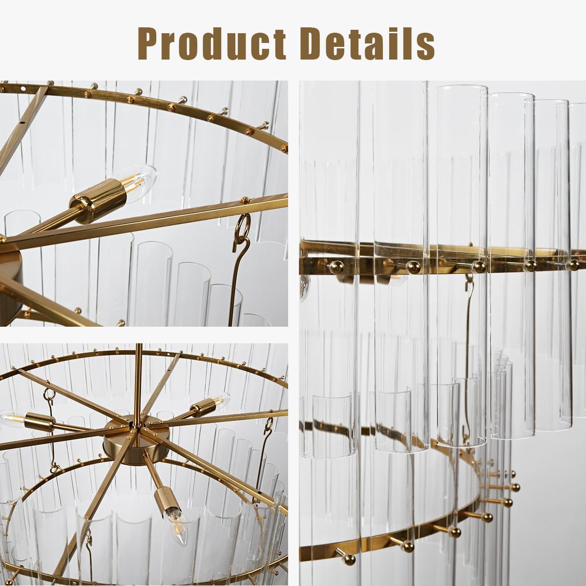 Large Tiered Glass Chandelier Modern Brass Round Pendant Light Adjustable Ceiling Fixture