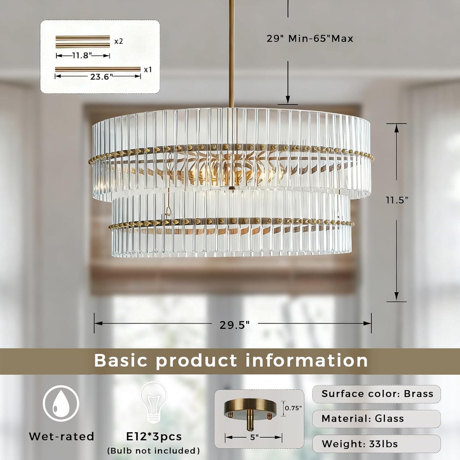 Large Tiered Glass Chandelier Modern Brass Round Pendant Light Adjustable Ceiling Fixture