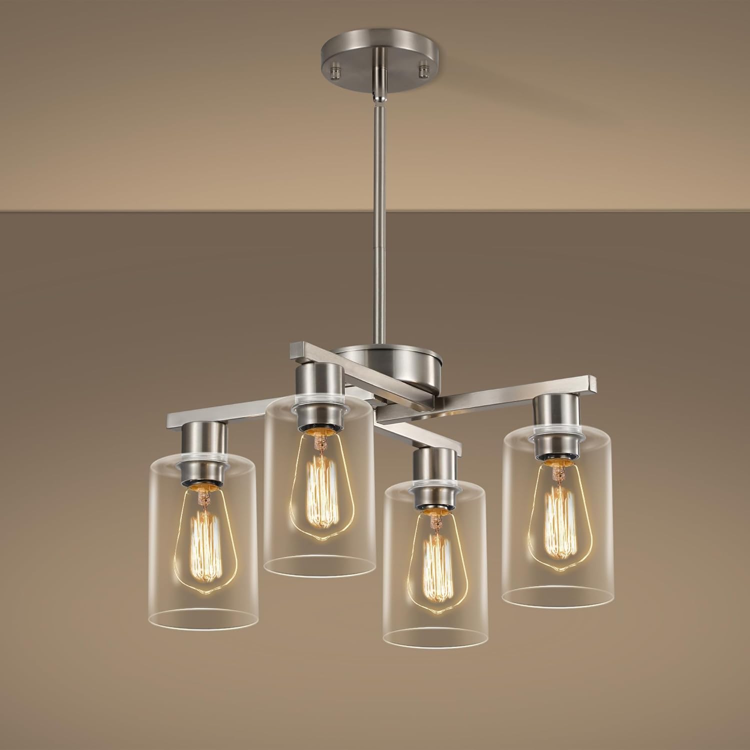 Modern Brushed Nickel 4-Light Semi Flush Pendant Chandelier with Clear Glass Shades