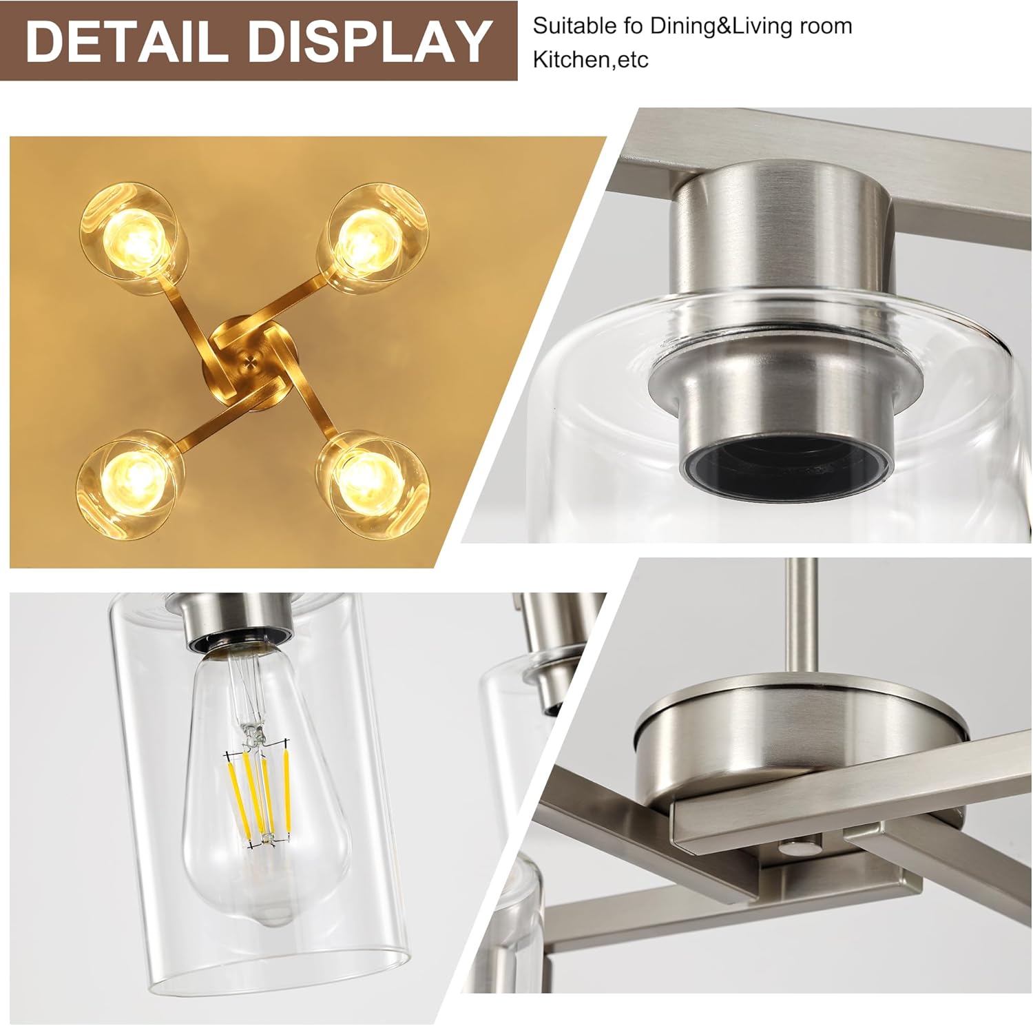 Modern Brushed Nickel 4-Light Semi Flush Pendant Chandelier with Clear Glass Shades