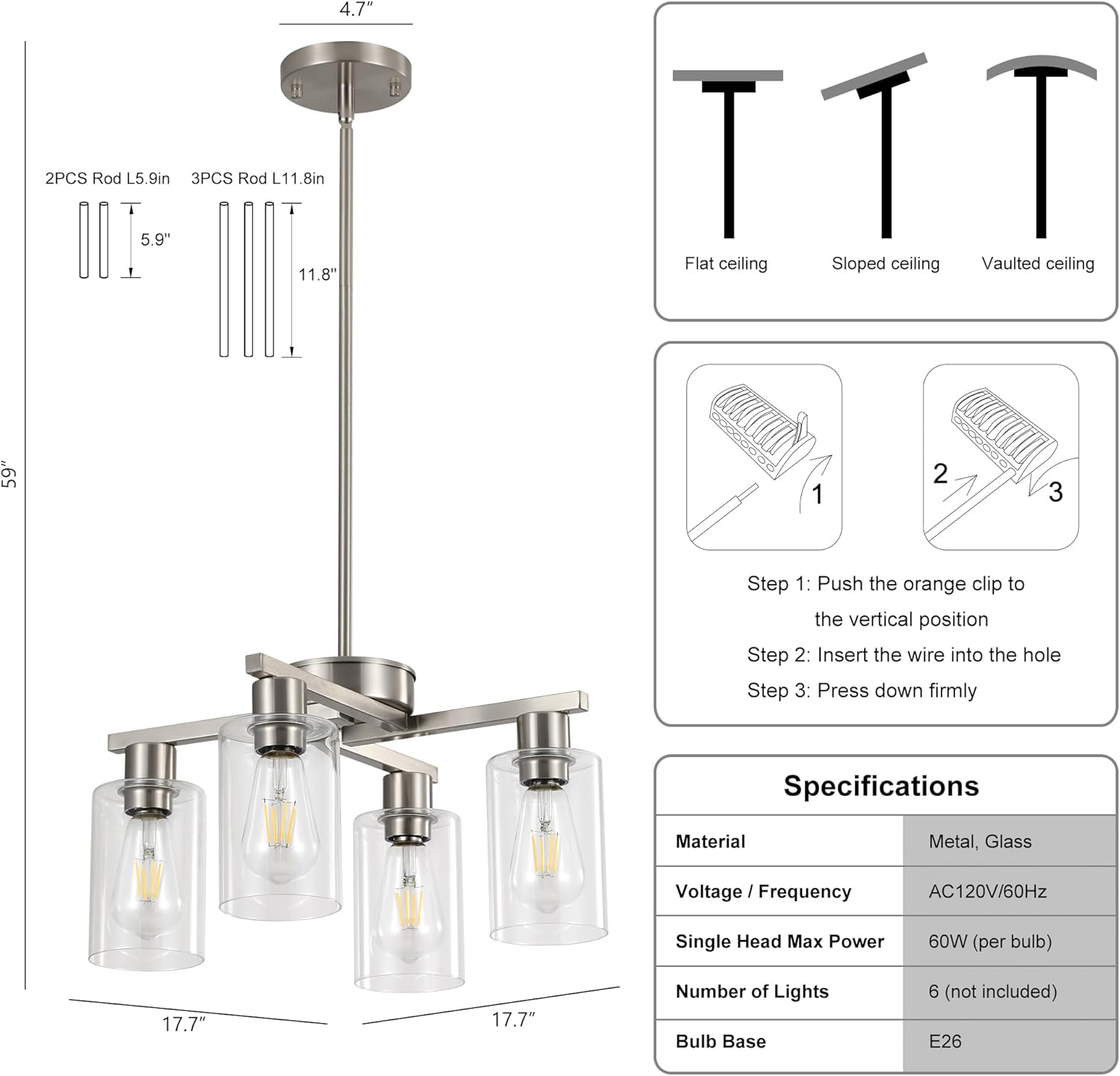 Modern Brushed Nickel 4-Light Semi Flush Pendant Chandelier with Clear Glass Shades