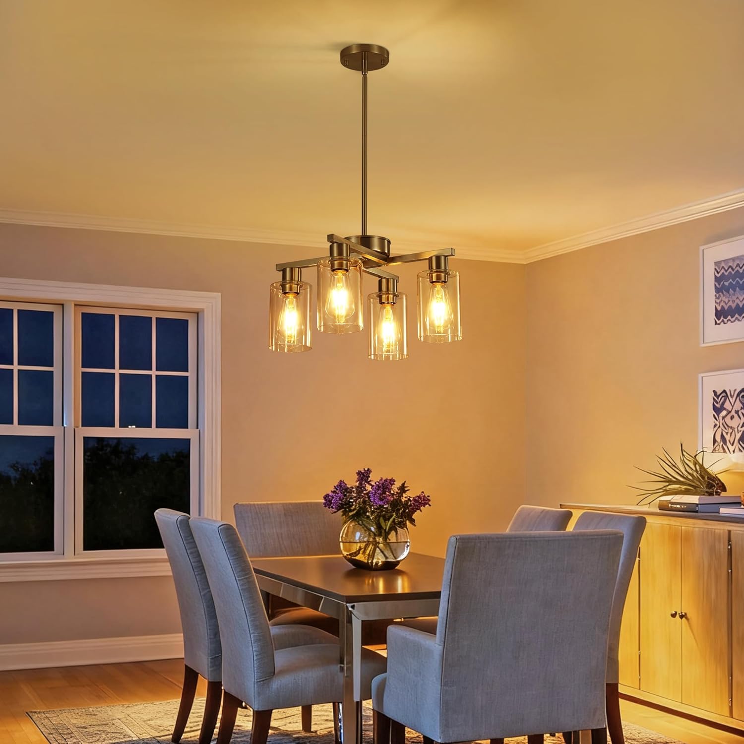 Modern Brushed Nickel 4-Light Semi Flush Pendant Chandelier with Clear Glass Shades