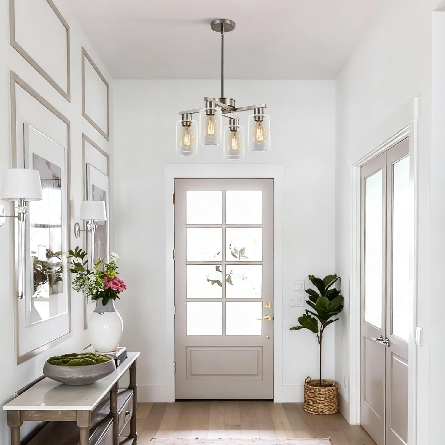 Modern Brushed Nickel 4-Light Semi Flush Pendant Chandelier with Clear Glass Shades
