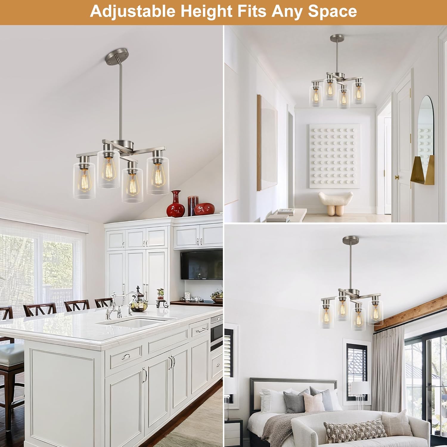Modern Brushed Nickel 4-Light Semi Flush Pendant Chandelier with Clear Glass Shades