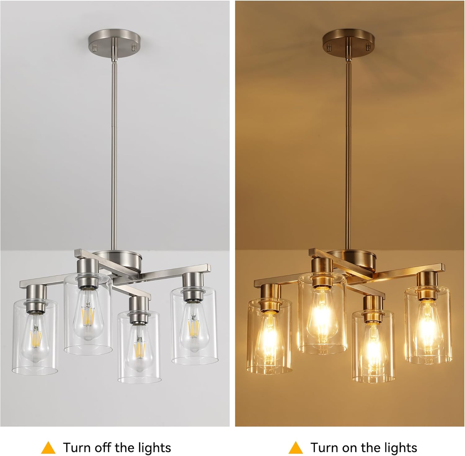 Modern Brushed Nickel 4-Light Semi Flush Pendant Chandelier with Clear Glass Shades