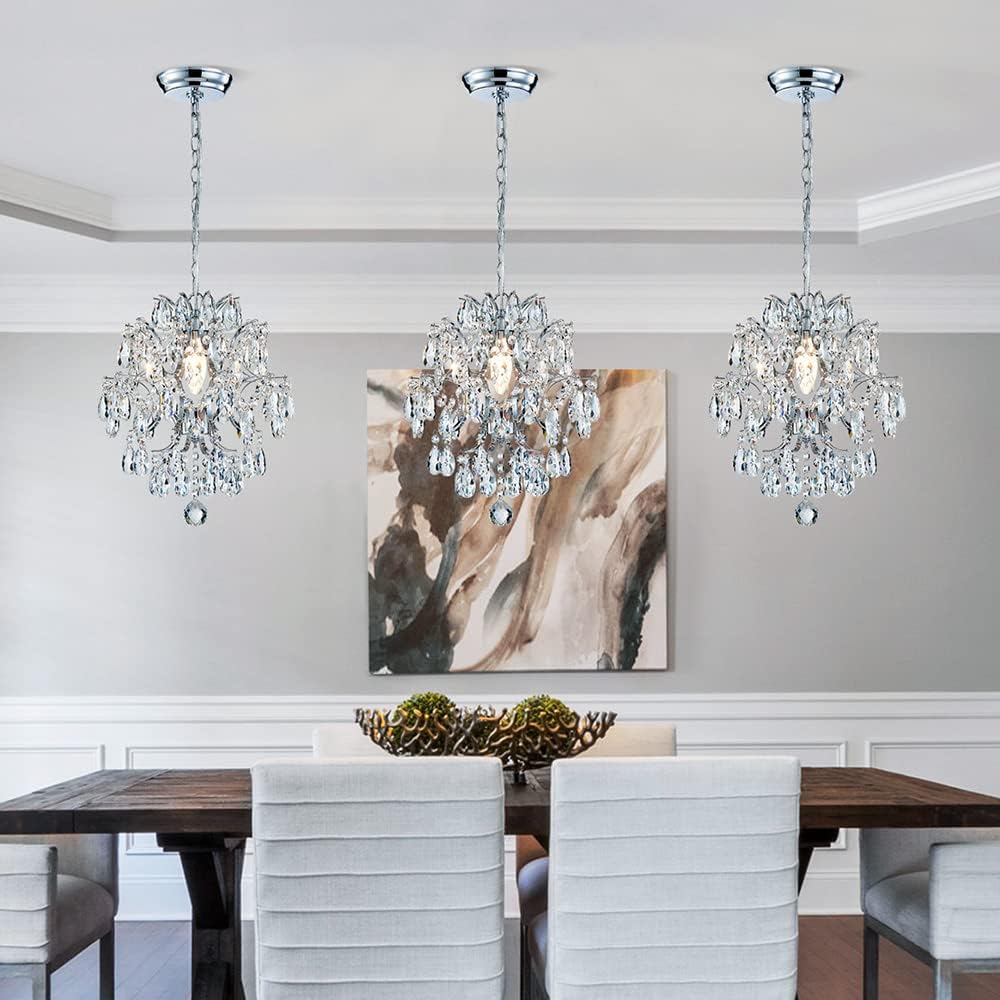 Modern Chrome Crystal Pendant Chandelier - 12'' Round Mini Ceiling Light with Adjustable Hanging Chain
