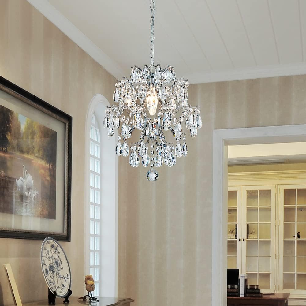 Modern Chrome Crystal Pendant Chandelier - 12'' Round Mini Ceiling Light with Adjustable Hanging Chain