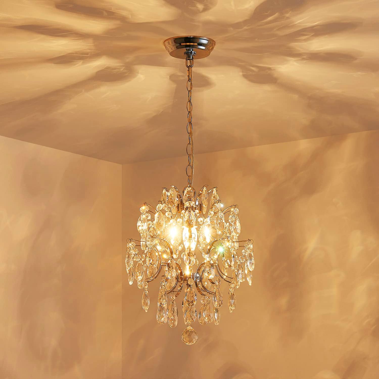 Modern Chrome Crystal Pendant Chandelier - 12'' Round Mini Ceiling Light with Adjustable Hanging Chain