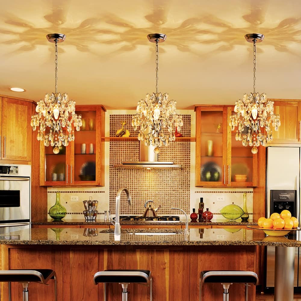 Modern Chrome Crystal Pendant Chandelier - 12'' Round Mini Ceiling Light with Adjustable Hanging Chain