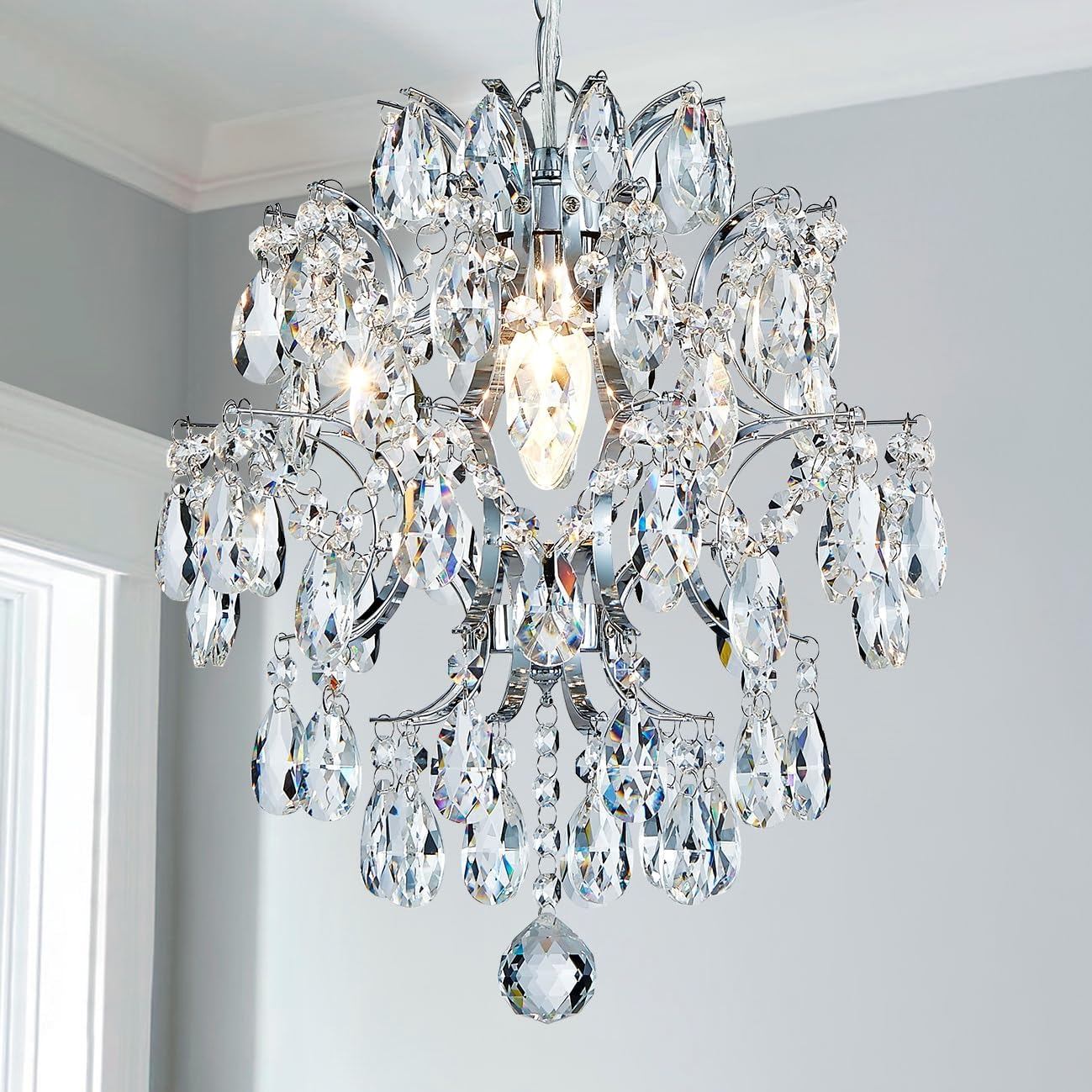 Modern Chrome Crystal Pendant Chandelier - 12'' Round Mini Ceiling Light with Adjustable Hanging Chain